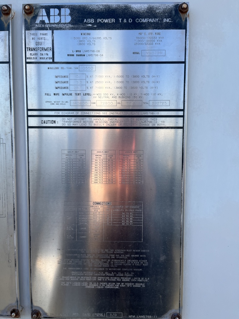 150 MVA 115000GRDY - 13800D ABB GSU Substation Transformer with 13800 ...
